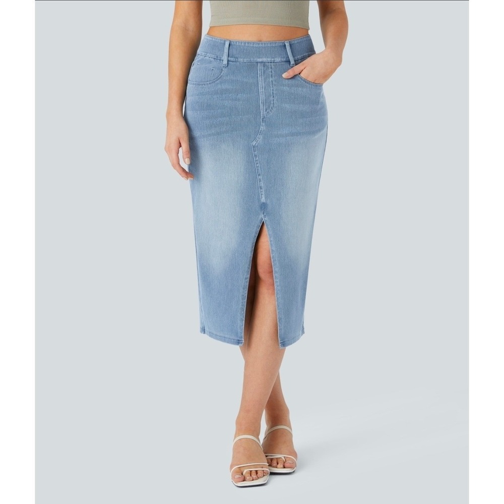 Halara Flex High Waisted Washed Denim Bodycon Midi Skirt Pockets Size Small‎ NWT